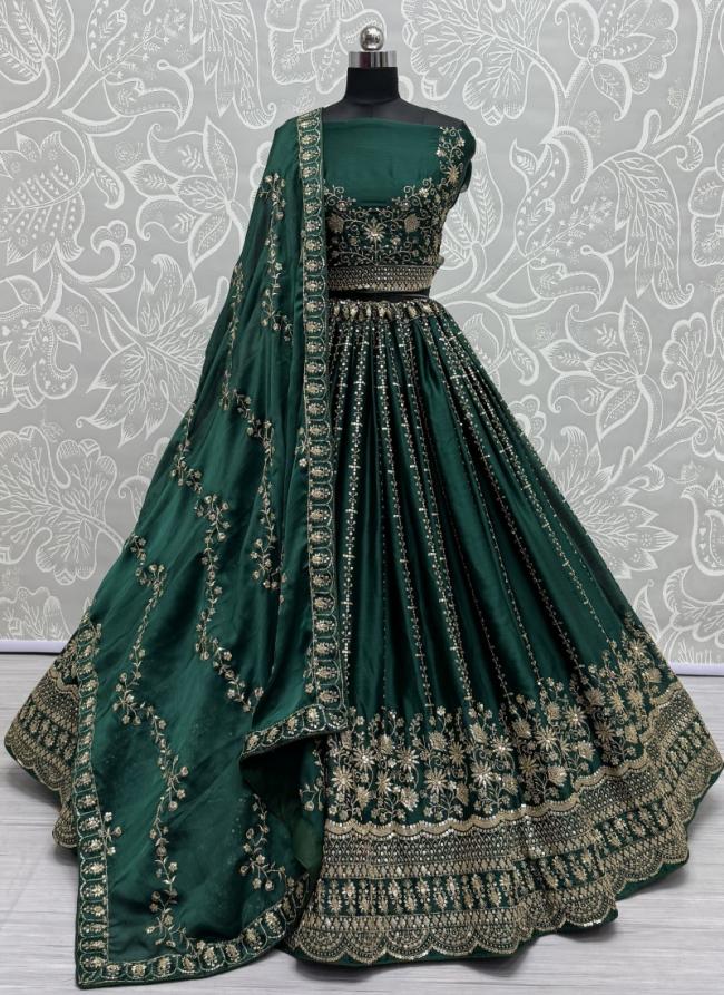 Satin Chiffon Green Wedding Wear Sequinned Lehenga Choli